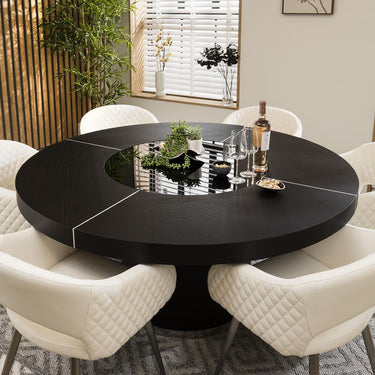 Quatropi Modern 6 Seater Round Dining Set Lazy Susan Black White Leather 160cm