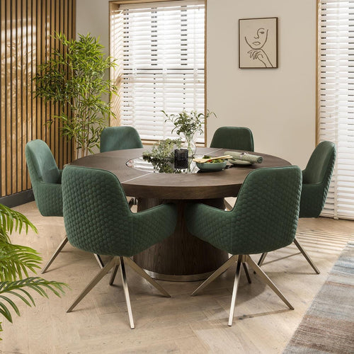 Emma 6 Seater Round Dining Set Dark Elm & Green Swivel