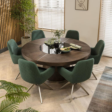 Quatropi Modern 6 Seater Round Dining Set Lazy Susan Dark Wood Green 160cm
