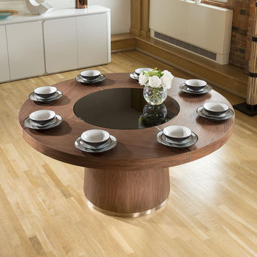 Quatropi Modern 6 Seater Round Dining Set Lazy Susan Walnut White Leather 160cm