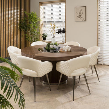 Quatropi Modern 6 Seater Round Dining Set Lazy Susan Walnut White Leather 160cm