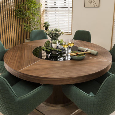 Quatropi Modern 6 Seater Round Dining Set Lazy Susan Walnut Wood Green 160cm