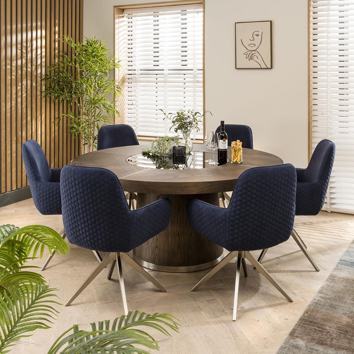 Modern 6 Seater Round Dining Set Lazy Susan Wood Navy Blue 160cm – Quatropi