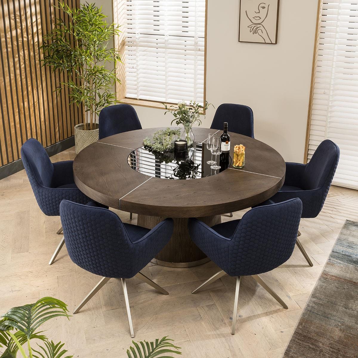 Modern 6 Seater Round Dining Set Lazy Susan Wood Navy Blue 160cm – Quatropi
