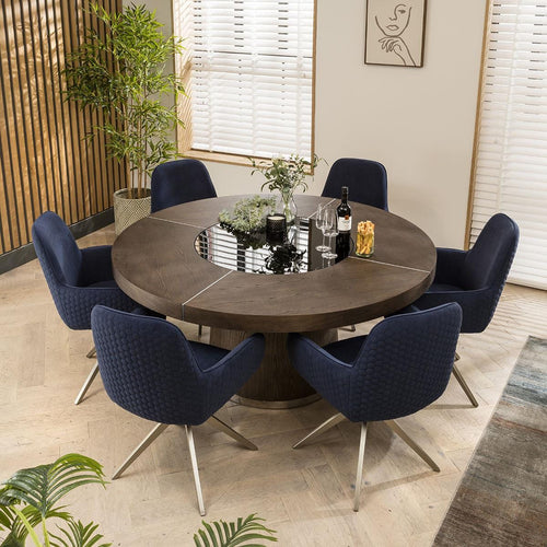 Emma 6 Seater Round Dining Set Dark Elm & Navy Swivel