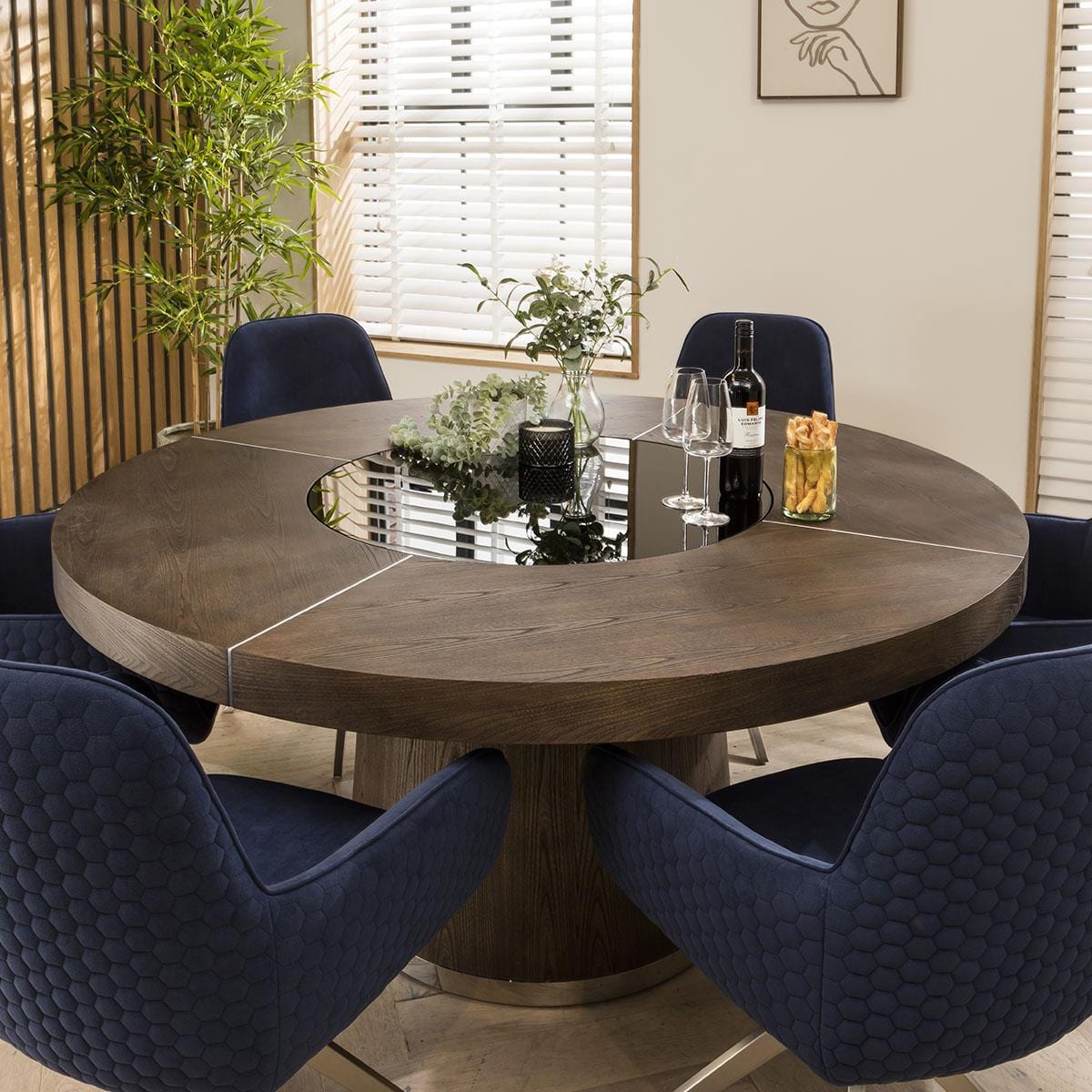 Modern 6 Seater Round Dining Set Lazy Susan Wood Navy Blue 160cm – Quatropi
