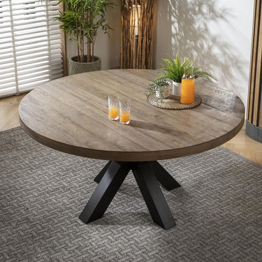 Quatropi Modern 6 Seater Round Dining Table Reclaimed Oak Black Metal 150cm