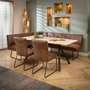 Quatropi Modern 7 Seater Corner Bench Dining Set Brown & Beige Stone Ceramic LR2