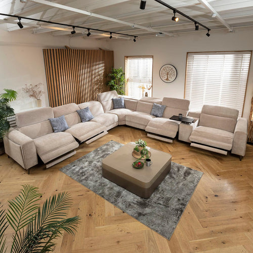 Florance 7 Seater Quad Recliner Corner Sofa & Storage Console Putty Grey 424x391cm