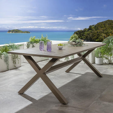 Quatropi Modern 8 Seat Outdoor Garden Dining Table Cross X-Leg Metal Beige 220cm