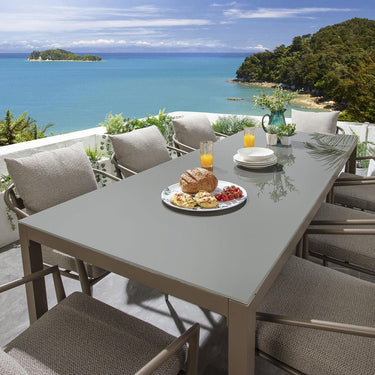 Quatropi Modern 8 Seat Outdoor Garden Dining Table Glass Aluminium Beige 180cm