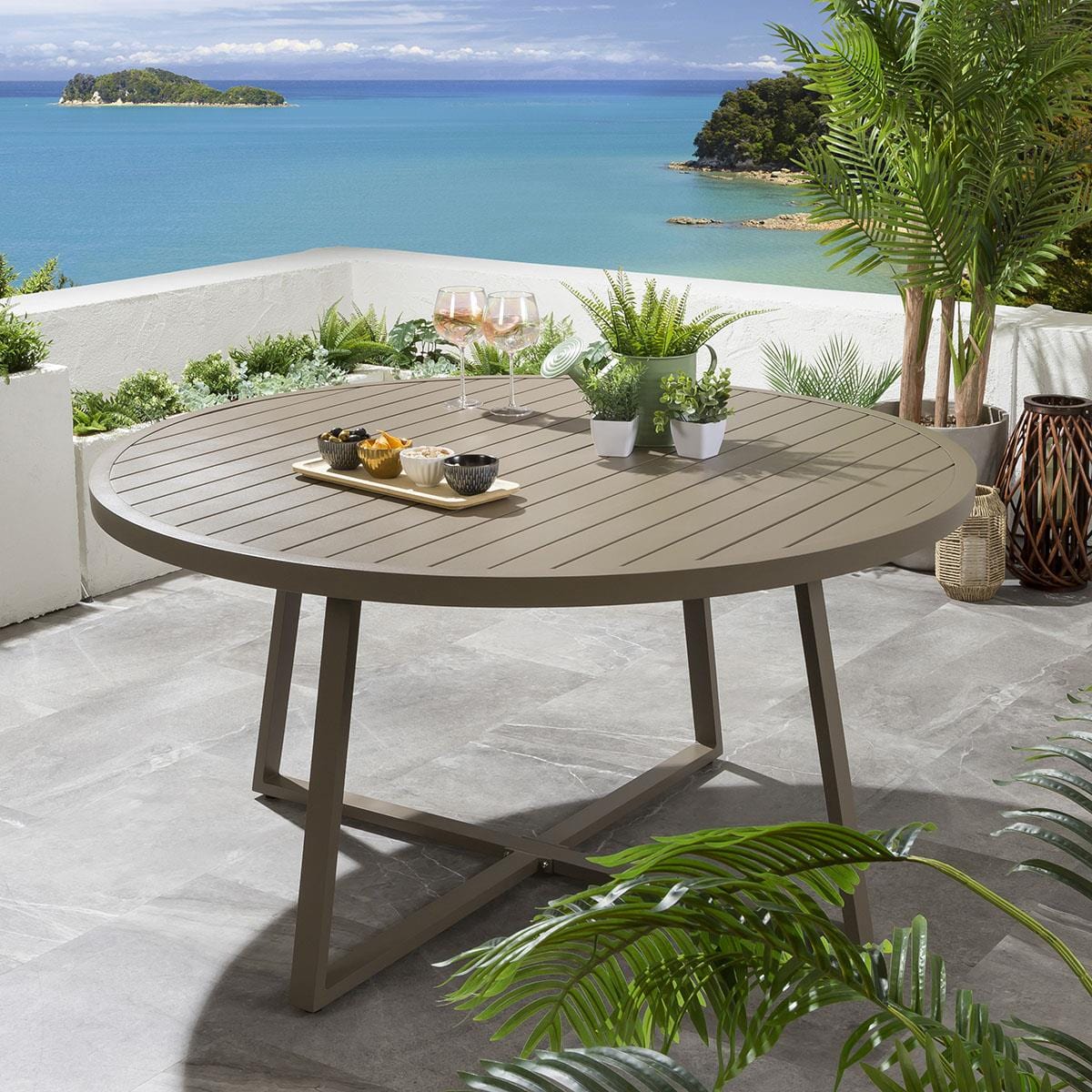 Modern 8 Seat Round Garden Table and Chairs Dining Set Aluminium Beige ...