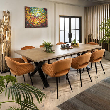 Quatropi Modern 8 Seat Stained Live Edge Solid Wooden Dining Set Orange Velvet