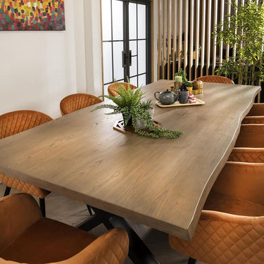 Quatropi Modern 8 Seat Stained Live Edge Solid Wooden Dining Set Orange Velvet