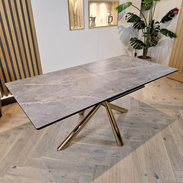 Quatropi Modern 8 Seater Ceramic Marble Extending Dining Table Grey Gold Legs