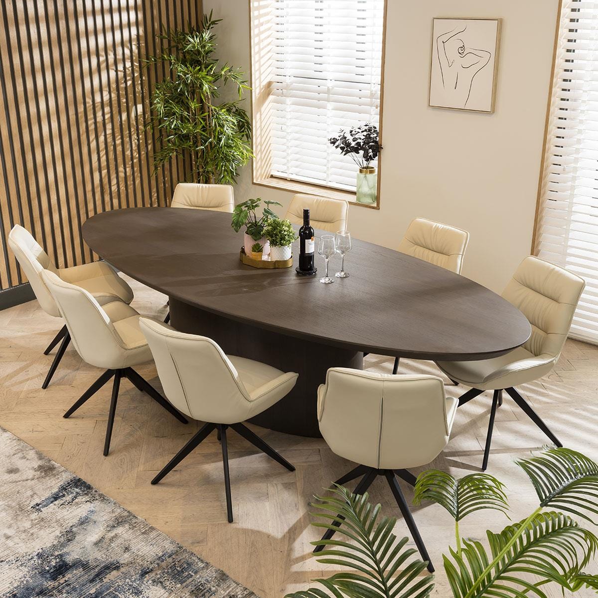 Modern 8 Seater Dining Table And Swivel Chairs Oval Dining Set Cream ...