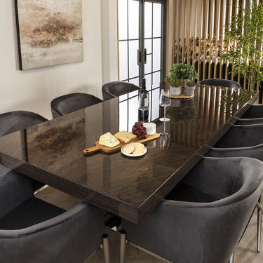 Quatropi Modern 8 Seater Dining Table Chairs Set Gloss Oak Grey Velvet 240cm
