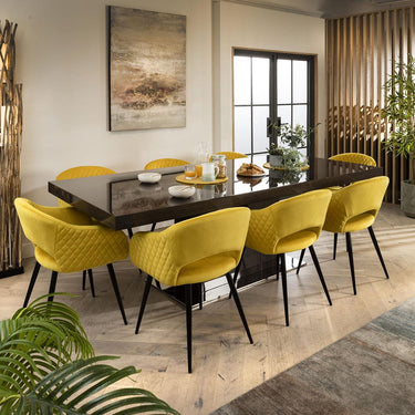 Quatropi Modern 8 Seater Dining Table Chairs Set Gloss Oak Yellow Velvet 240cm