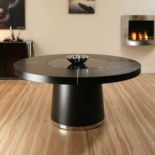 Quatropi Modern 8 Seater Large Round Dining Table LED Lazy Susan Black Oak 160cm