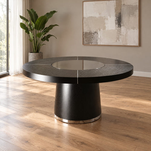 Modern Round Dining Table with Lazy Susan Black Oak 160cm