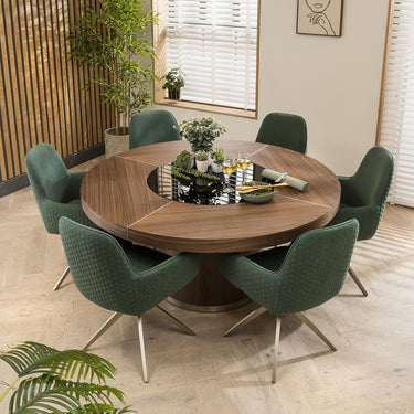 Quatropi Modern 8 Seater Large Round Dining Table LED Lazy Susan Dark Elm 160cm