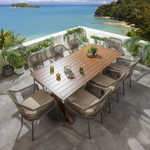 Cia 8 Seater Outdoor Garden Dining Set Beige & Oak Wood Effect Aluminium