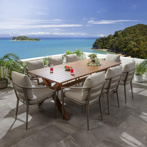 Mia 8 Seater Outdoor Garden Dining Set Cream & Oak Wood Effect Aluminium