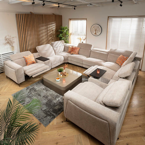 Florance 8 Seater Triple Recliner U-Shape Sofa & Storage Console Putty Grey 408x342cm