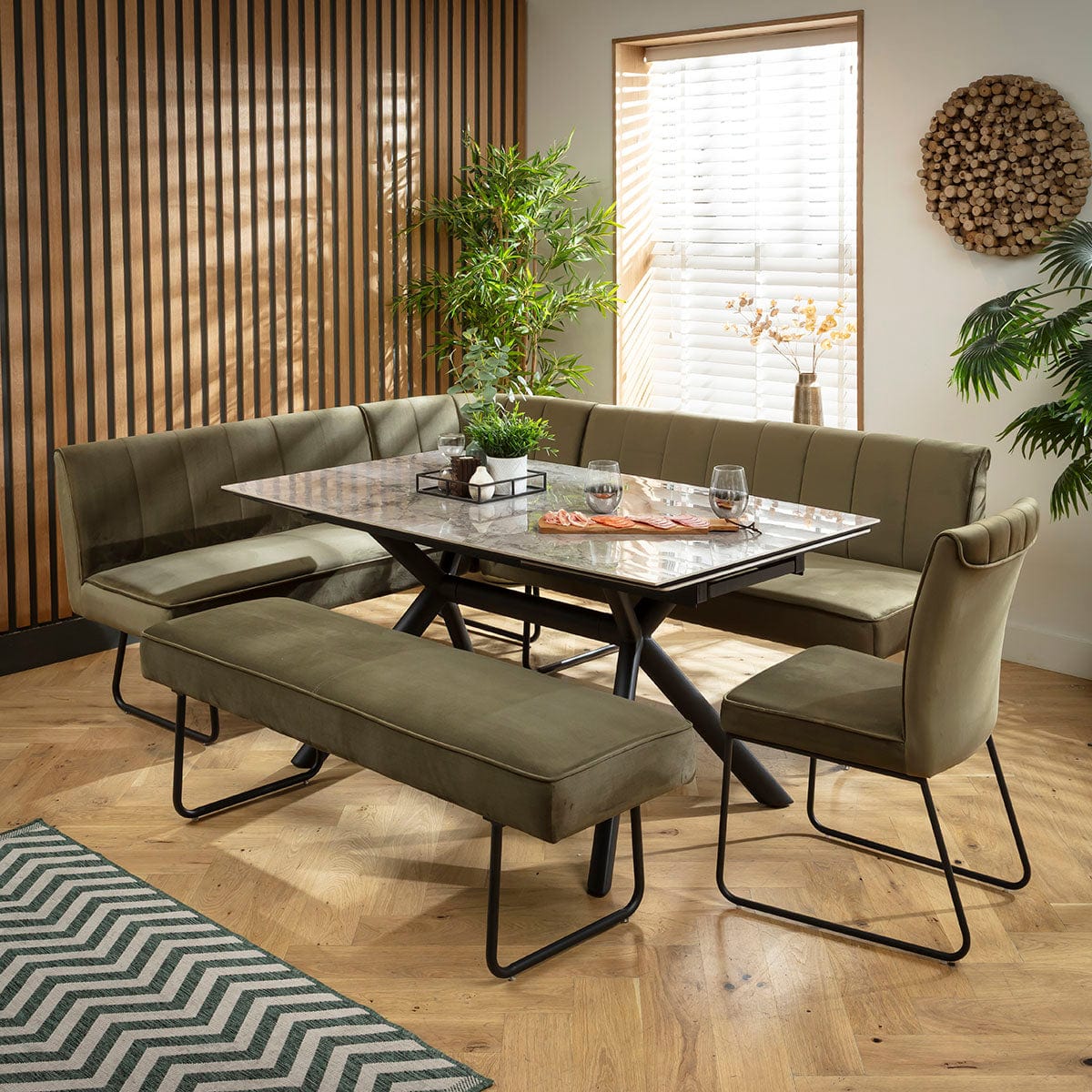 Modern 9 Seater Extendable Corner Bench Dining Set Green & Grey Ceramic ...