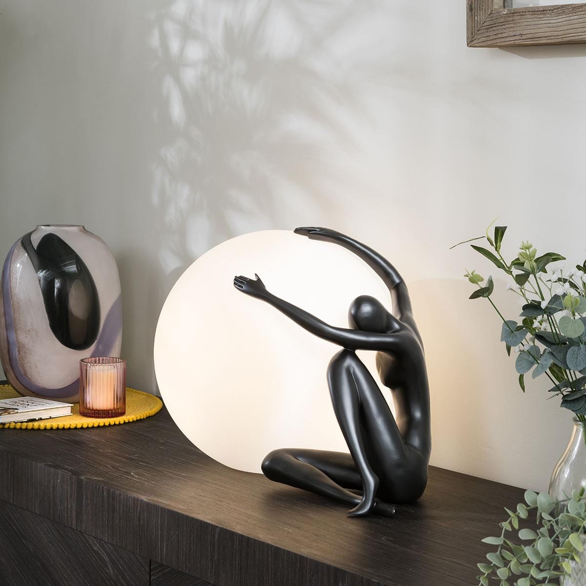 Quatropi Modern Abstract Table Lamp Large Ball Woman Figure in Black - Glass Ball Shade