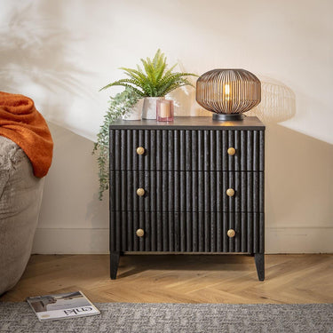 Quatropi Modern Bedside Side Table Cabinet with Drawers Black Oak Brass 65x45cm