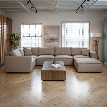 Quatropi Modern Beige Leather Corner Sofa 5 Seater Modular Settee 374x208cm
