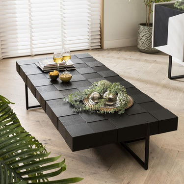 Quatropi Modern Black Coffee Table Large Living Room Oak Wood Metal Legs 165x75cm