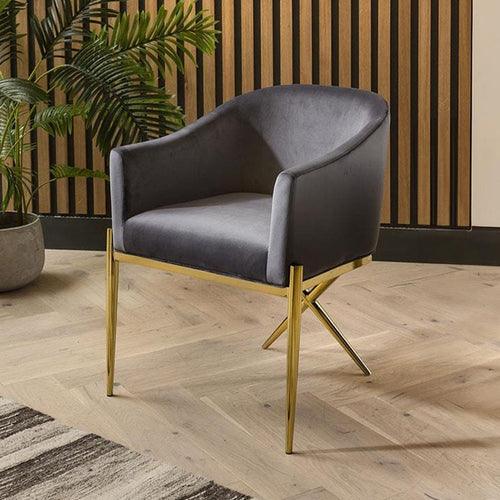 Zoe Velvet Carver Dining Chair with Arms Grey & Gold