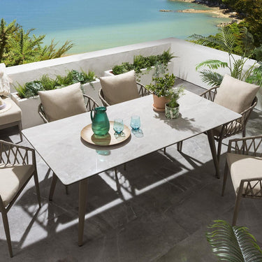 Quatropi Modern Ceramic Garden Table And Chairs 6 Seat Dining Set Beige 180cm