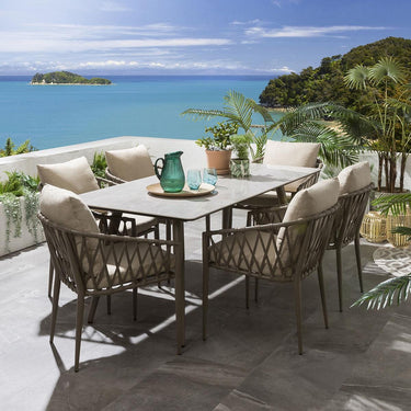 Quatropi Modern Ceramic Garden Table And Chairs 6 Seat Dining Set Beige 180cm