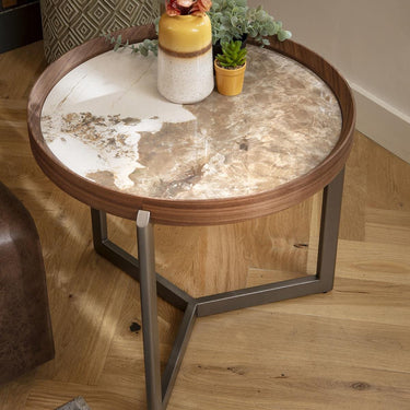Quatropi Modern Ceramic Round Bedside Side Table White Marble Effect 60cm