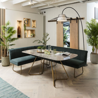 Quatropi Modern Corner Bench Dining Set 5 Seater Ceramic Extending Teal Velvet Grey