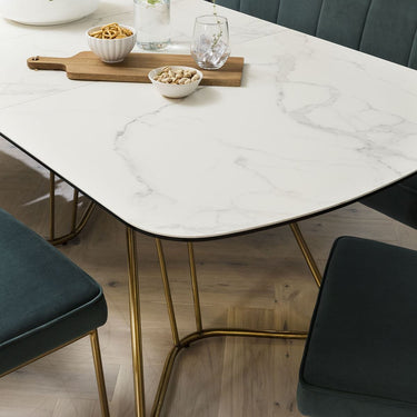 Quatropi Modern Corner Bench Dining Set 5 Seater Ceramic Extending Teal Velvet White