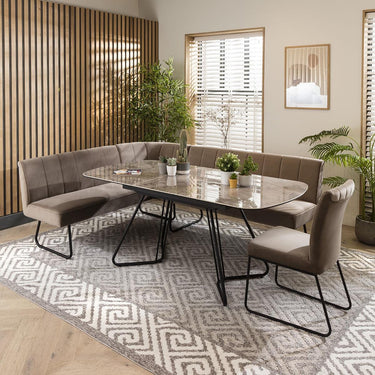 Quatropi Modern Corner Bench Dining Set 6 Seater Ceramic Extending Mink Velvet