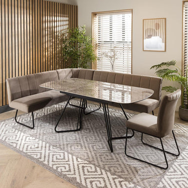 Quatropi Modern Corner Bench Dining Set 6 Seater Ceramic Extending Mink Velvet