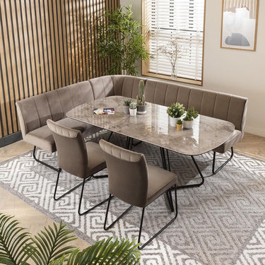 Quatropi Modern Corner Bench Dining Set 8 Seater Ceramic Extending Mink Velvet