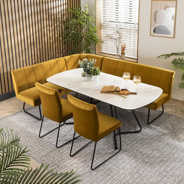 Quatropi Modern Corner Bench Dining Set 8 Seater Ceramic Extending Mustard Velvet
