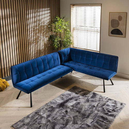 Modern Corner Dining Bench - Blue Velvet Fabric 5 Seater Bench - Left Hand