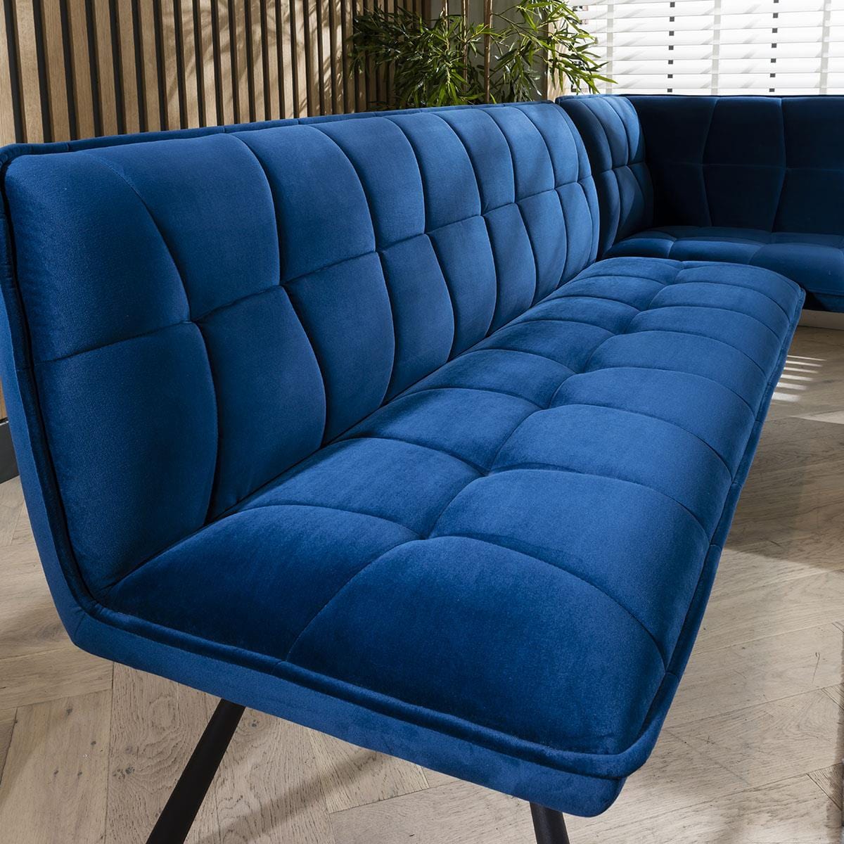 Quatropi Modern Corner Dining Bench - Blue Velvet Fabric 5 Seater Bench - Left Hand