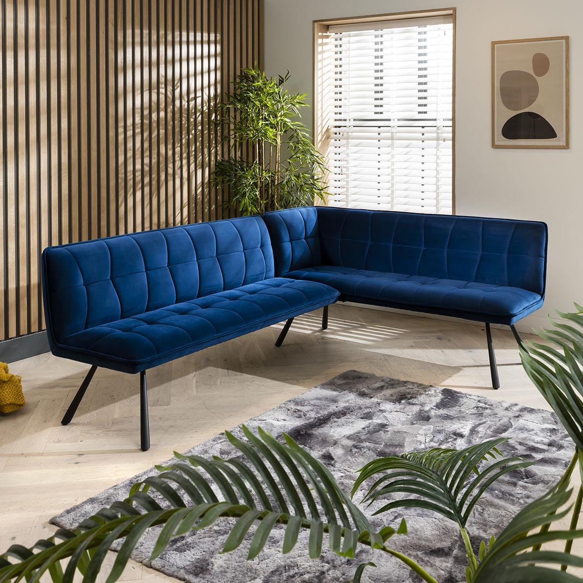 Quatropi Modern Corner Dining Bench - Blue Velvet Fabric 5 Seater Bench - Left Hand
