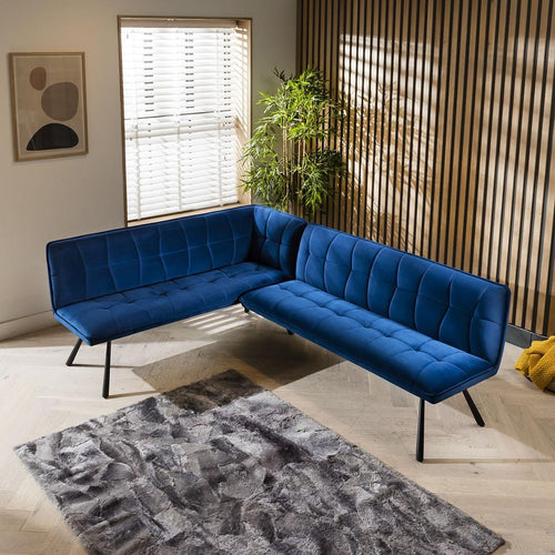 Modern Corner Dining Bench - Blue Velvet Fabric 5 Seater Bench - Right Hand