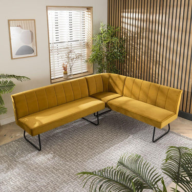 Quatropi Modern Corner Dining Set 5 Seater Ceramic Extending Mustard Yellow Velvet