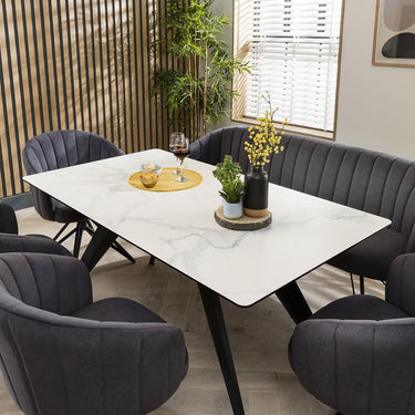 Quatropi Modern Dining Table With Bench And Chairs Set - 6 Seater - White Ceramic
