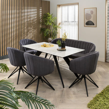 Quatropi Modern Dining Table With Bench And Chairs Set - 6 Seater - White Ceramic
